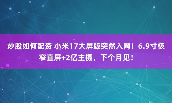 炒股如何配资 小米17大屏版突然入网！6.9寸极窄直屏+2亿主摄，下个月见！